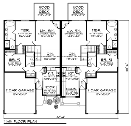 Ranch, Traditional Multi-Family Plan 73457 with 4 Beds, 4 Baths, 4 Car Garage First Level Plan