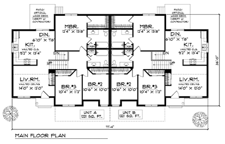 Traditional Multi-Family Plan 73475 with 6 Beds, 6 Baths, 4 Car Garage First Level Plan