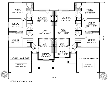 Traditional Multi-Family Plan 73476 with 6 Beds, 4 Baths, 4 Car Garage First Level Plan