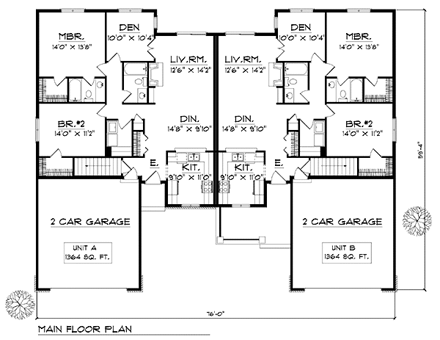 Traditional Multi-Family Plan 73478 with 4 Beds, 4 Baths, 4 Car Garage First Level Plan