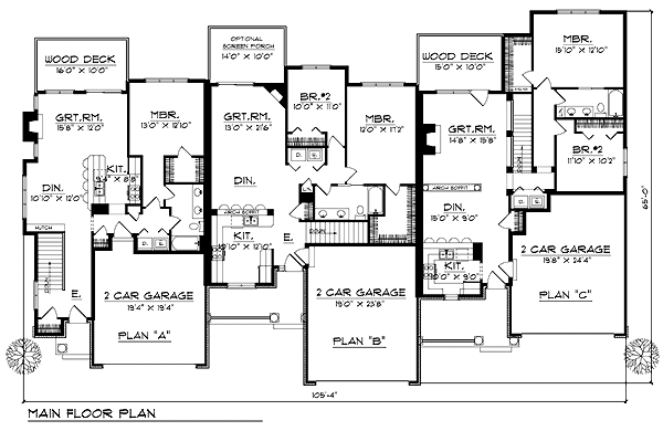 Ranch Multi-Family Plan 73483 with 5 Beds, 3 Baths, 6 Car Garage Level One