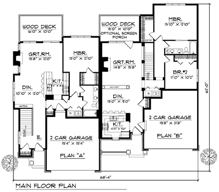 Ranch Multi-Family Plan 73484 with 3 Beds, 2 Baths, 4 Car Garage First Level Plan