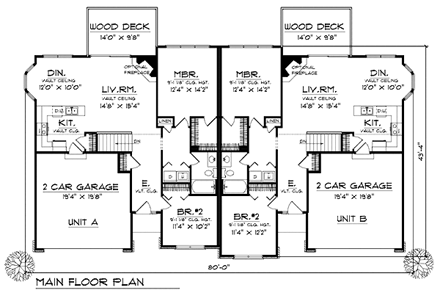 Ranch Multi-Family Plan 73485 with 4 Beds, 2 Baths, 4 Car Garage First Level Plan