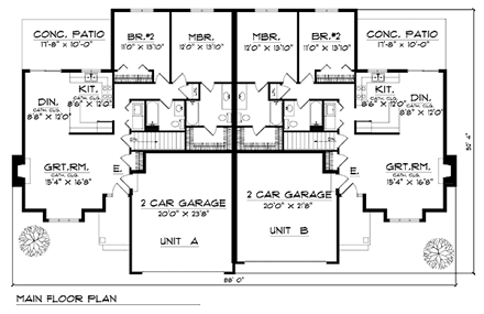 Ranch Multi-Family Plan 73486 with 4 Beds, 4 Baths, 4 Car Garage First Level Plan