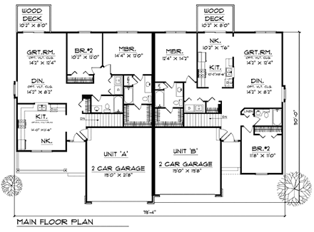 Ranch Multi-Family Plan 73487 with 4 Beds, 4 Baths, 4 Car Garage First Level Plan