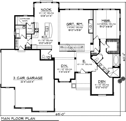 Traditional House Plan 73497 with 4 Beds, 4 Baths, 3 Car Garage First Level Plan