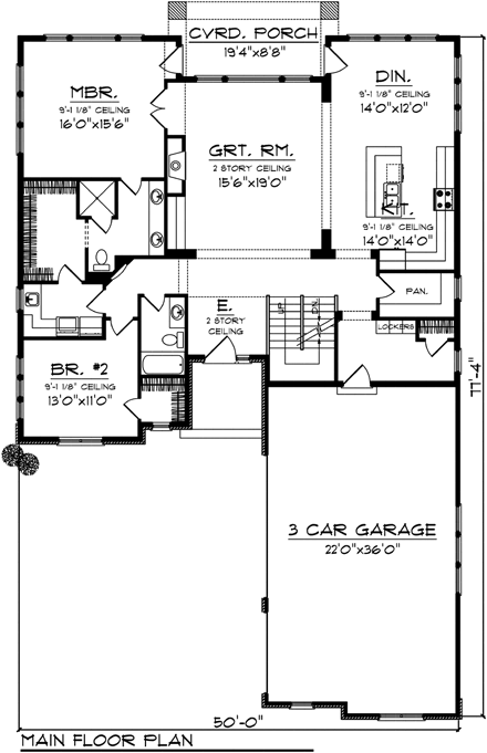 House Plan 73498 with 4 Beds, 4 Baths, 3 Car Garage First Level Plan