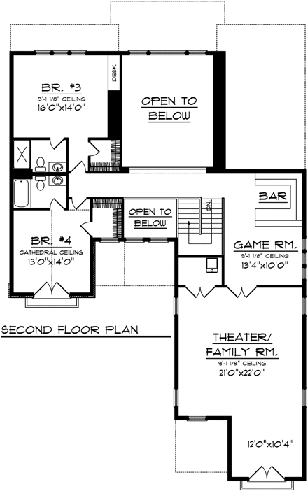 House Plan 73498 with 4 Beds, 4 Baths, 3 Car Garage Second Level Plan