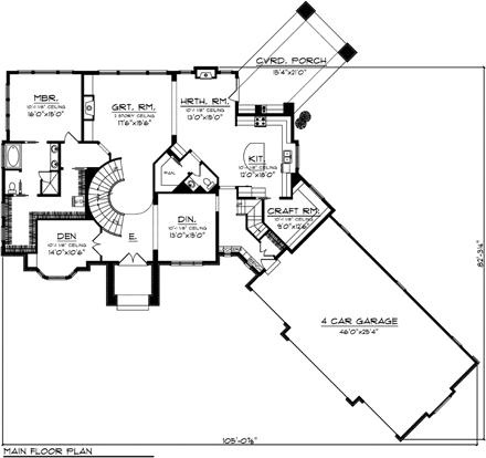 Craftsman House Plan 73499 with 4 Beds, 4 Baths, 4 Car Garage First Level Plan