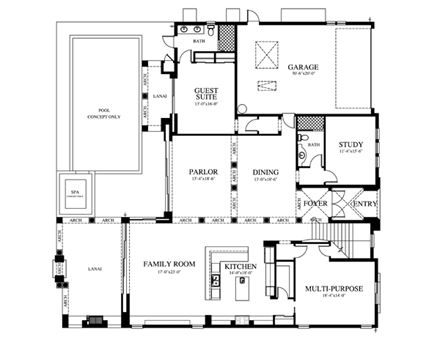 Florida, Mediterranean House Plan 73606 with 5 Beds, 5 Baths, 2 Car Garage First Level Plan