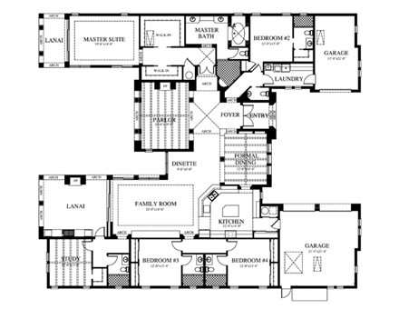 Florida, Mediterranean House Plan 73607 with 4 Beds, 6 Baths, 3 Car Garage First Level Plan