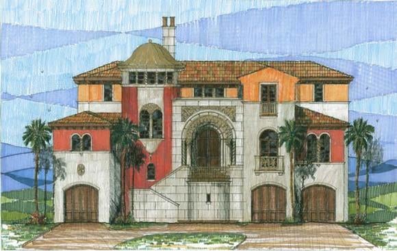 Coastal, Florida, Mediterranean House Plan 73608 with 4 Beds, 5 Baths, 3 Car Garage Elevation