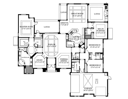 Florida, Mediterranean House Plan 73612 with 3 Beds, 5 Baths, 3 Car Garage First Level Plan