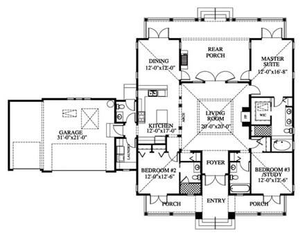 Florida, Ranch House Plan 73614 with 3 Beds, 4 Baths, 3 Car Garage First Level Plan