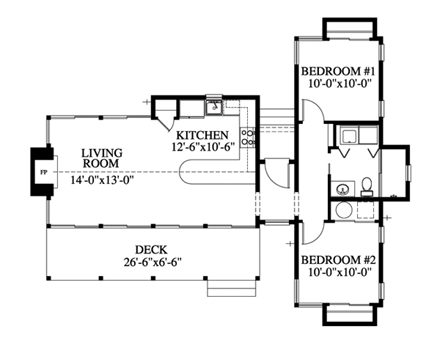 Cabin, Ranch, Southern House Plan 73615 with 2 Beds, 1 Baths First Level Plan