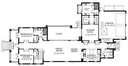 Coastal, Florida, Southern House Plan 73620 with 4 Beds, 3 Baths, 2 Car Garage First Level Plan