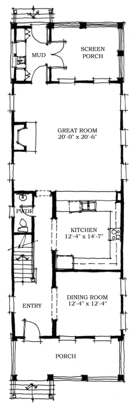 Historic, Narrow Lot House Plan 73701 with 3 Beds, 3 Baths First Level Plan