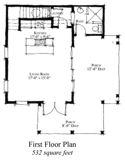 Country, Historic House Plan 73883 with 1 Beds, 2 Baths First Level Plan