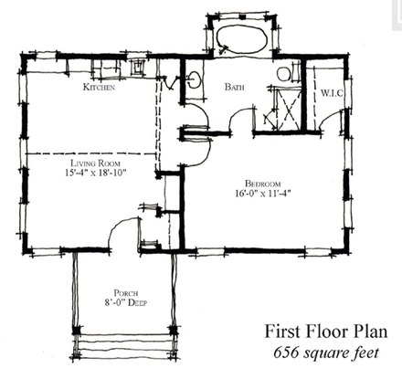 Country, Historic House Plan 73894 with 1 Beds, 1 Baths First Level Plan