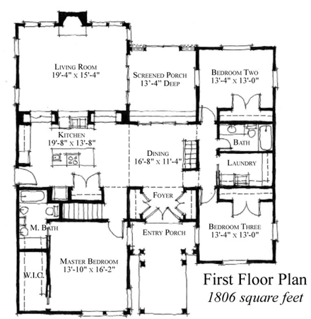 Country, Historic House Plan 73918 with 3 Beds, 2 Baths First Level Plan