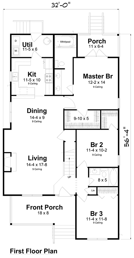 Traditional House Plan 74004 with 3 Beds, 2 Baths First Level Plan