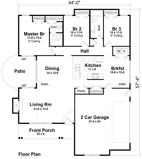 Bungalow, Craftsman, Ranch House Plan 74009 with 3 Beds, 2 Baths, 2 Car Garage Level One