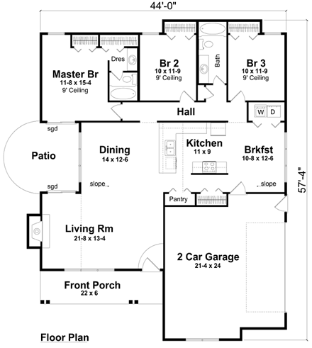 Bungalow, Craftsman, Ranch House Plan 74009 with 3 Beds, 2 Baths, 2 Car Garage First Level Plan