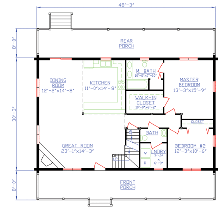 Log House Plan 74100 with 4 Beds, 3 Baths, 2 Car Garage First Level Plan