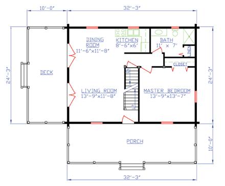 Log House Plan 74103 with 2 Beds, 2 Baths First Level Plan