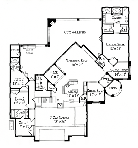 Mediterranean House Plan 74276 with 4 Beds, 5 Baths, 3 Car Garage First Level Plan