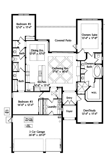Mediterranean House Plan 74285 with 3 Beds, 2 Baths, 2 Car Garage First Level Plan
