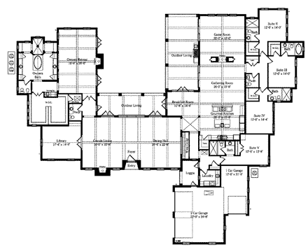 Tuscan House Plan 74299 with 5 Beds, 6 Baths, 3 Car Garage First Level Plan