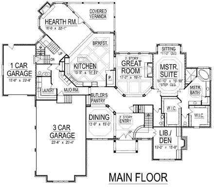 European House Plan 74400 with 5 Beds, 7 Baths, 4 Car Garage First Level Plan