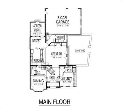 European House Plan 74401 with 4 Beds, 4 Baths, 3 Car Garage First Level Plan