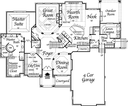 European House Plan 74406 with 5 Beds, 6 Baths, 4 Car Garage First Level Plan