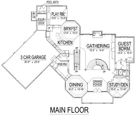 European House Plan 74411 with 6 Beds, 6 Baths, 3 Car Garage First Level Plan