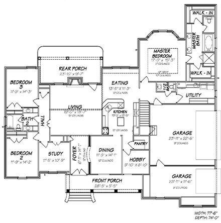 European House Plan 74608 with 3 Beds, 4 Baths, 3 Car Garage First Level Plan