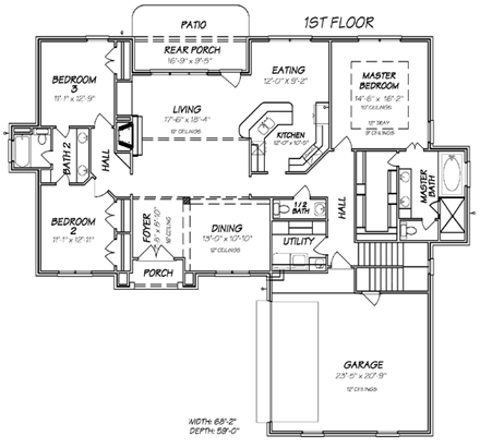 European House Plan 74615 with 3 Beds, 3 Baths, 2 Car Garage First Level Plan