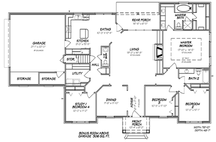 European House Plan 74620 with 4 Beds, 3 Baths, 2 Car Garage First Level Plan