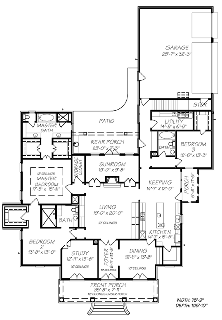European House Plan 74624 with 3 Beds, 3 Baths, 3 Car Garage First Level Plan