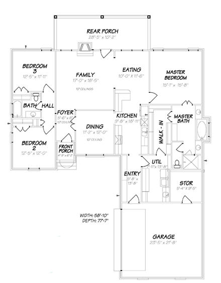 European House Plan 74626 with 3 Beds, 2 Baths, 2 Car Garage First Level Plan