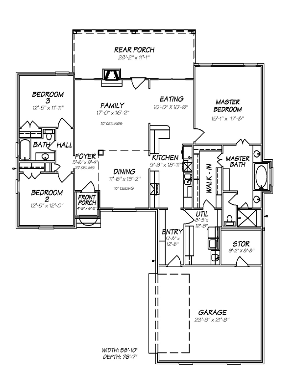 European House Plan 74628 with 3 Beds, 2 Baths, 2 Car Garage Level One