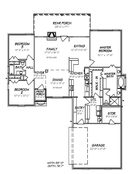 European House Plan 74628 with 3 Beds, 2 Baths, 2 Car Garage First Level Plan