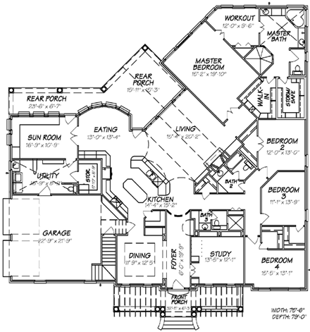 European House Plan 74629 with 4 Beds, 3 Baths, 2 Car Garage First Level Plan