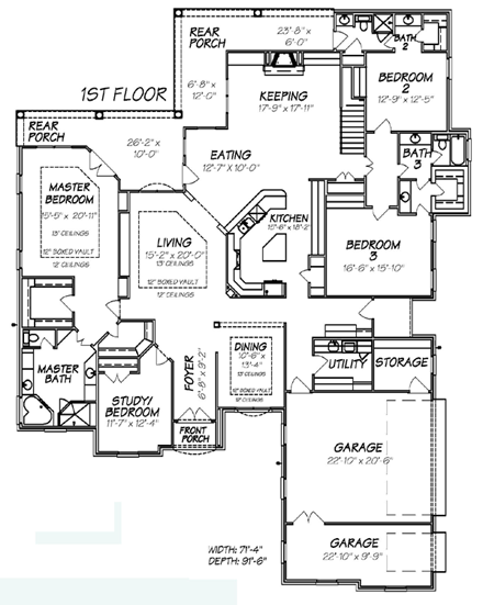 European House Plan 74630 with 3 Beds, 4 Baths, 3 Car Garage First Level Plan
