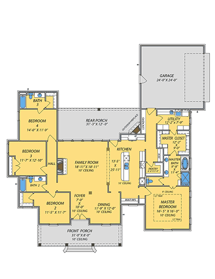 Country, Craftsman, Traditional House Plan 74694 with 4 Beds, 3 Baths, 2 Car Garage First Level Plan