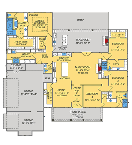 Contemporary, Country, Farmhouse, Southern House Plan 74699 with 4 Beds, 4 Baths, 3 Car Garage First Level Plan