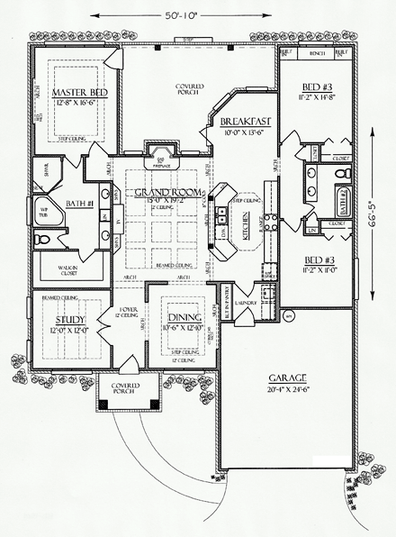 Cottage, Country, Craftsman, Ranch, Southern House Plan 74724 with 3 Beds, 2 Baths, 2 Car Garage First Level Plan