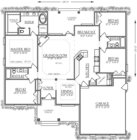 Bungalow, Cabin, Cottage, Country, Craftsman, Farmhouse, Southern, Traditional House Plan 74735 with 4 Beds, 3 Baths, 2 Car Garage First Level Plan