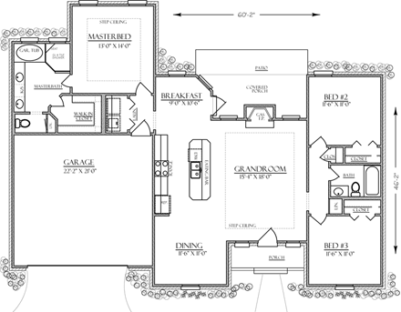 Bungalow, Country, Craftsman, Ranch, Southern, Southwest House Plan 74752 with 3 Beds, 2 Baths, 2 Car Garage First Level Plan